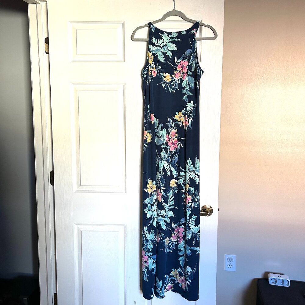 Glamour women maxi dress size 10 blue floral round neck sleeveless cutout gold - Picture 11 of 15